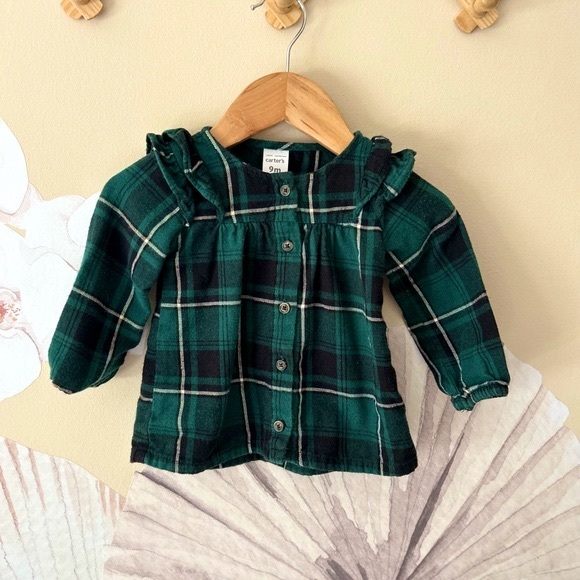 Carter's Green Plaid Button-front Top, 9M - Picture 2 of 7